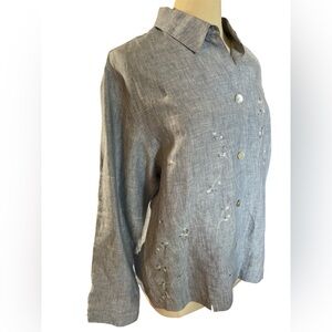 Susan Bristol Blue Linen Button-Up Blouse w/gray,white floral Embroidery Size L